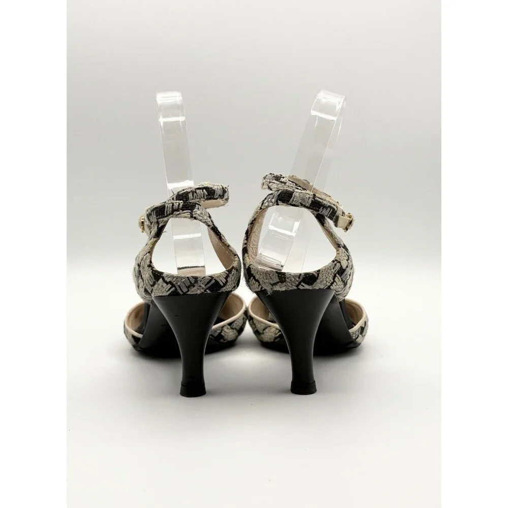 Chanel S/S 2005 Blue & White Tweed Heels w/ Black Bow Accent Vintage EU 36.5